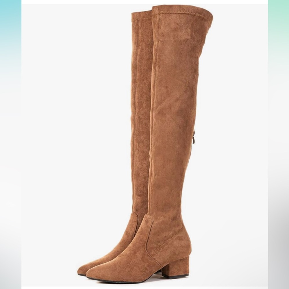 Brown Faux Suede Thigh High Heeled Boots, Womens size 37 / 6.5